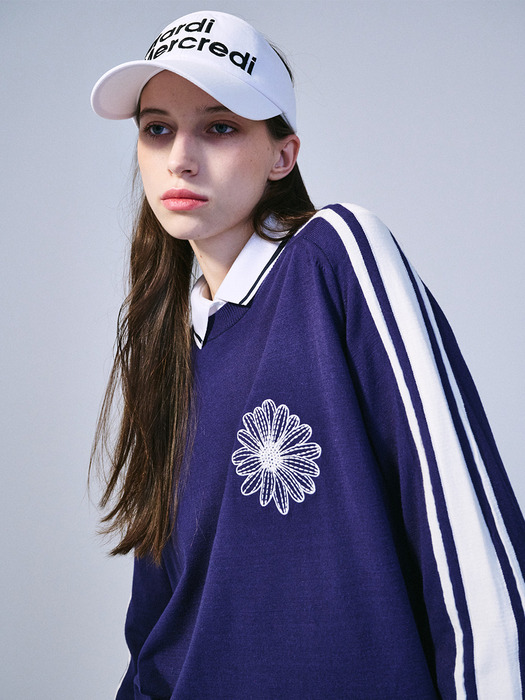 STRIPE SLEEVE KNIT PULLOVER FLOWER NEEDLEWORK_NAVY IVORY