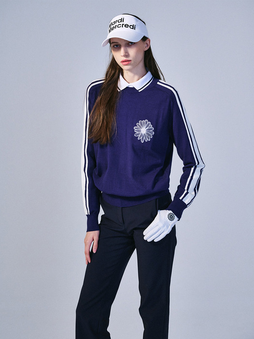 STRIPE SLEEVE KNIT PULLOVER FLOWER NEEDLEWORK_NAVY IVORY