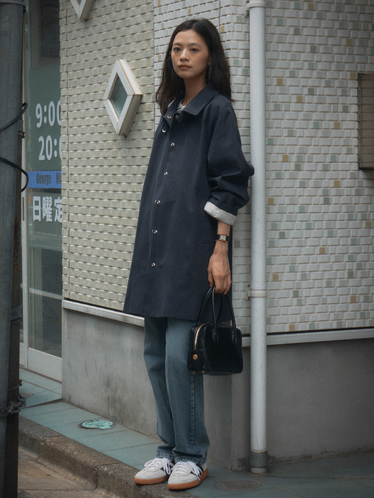 Slim belt raglan sleeve trench coat_Navy