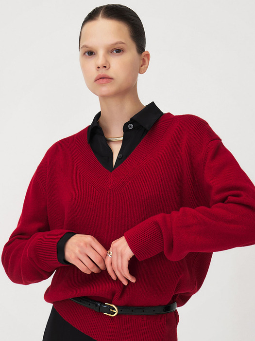 Deep V Wool Cashmere Knit_RED