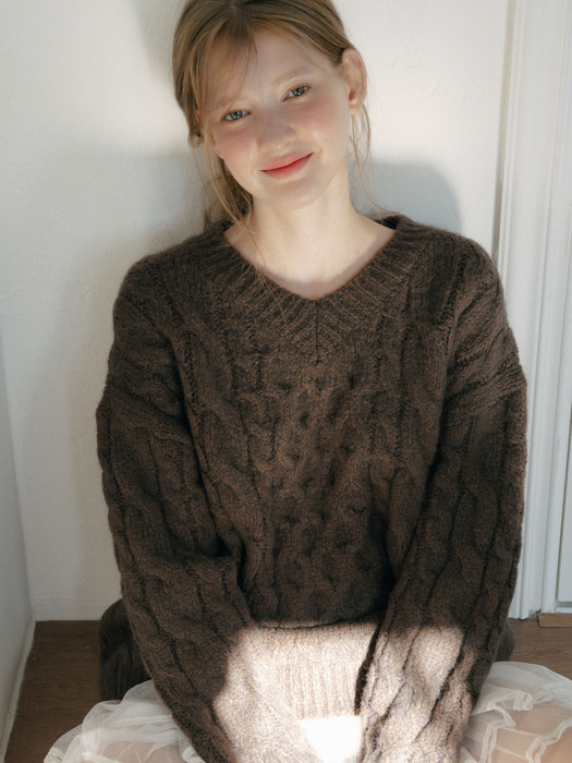 Alpaca Vintage Cable V-neck Knit_3 Colors