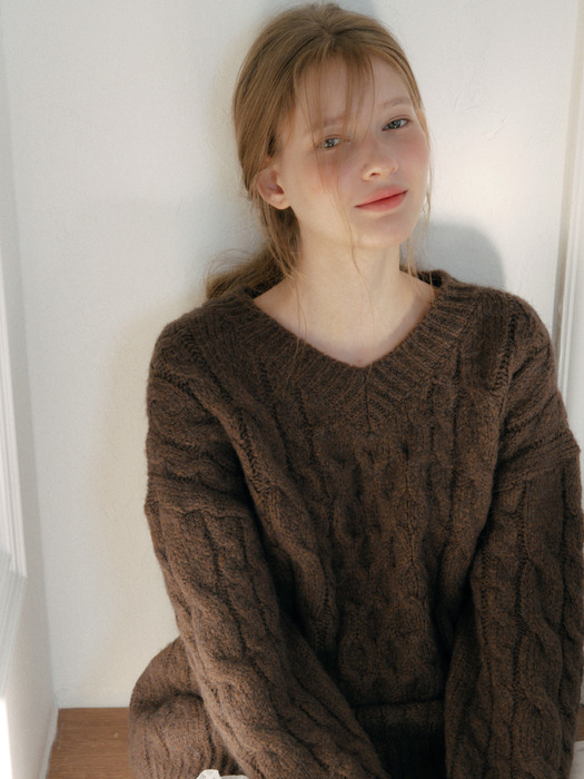 Alpaca Vintage Cable V-neck Knit_3 Colors