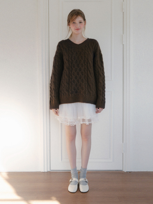 Alpaca Vintage Cable V-neck Knit_3 Colors