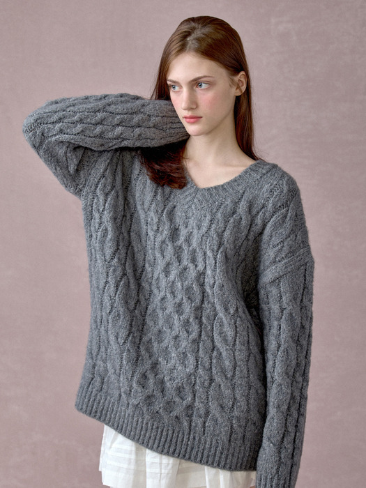 Alpaca Vintage Cable V-neck Knit_3 Colors