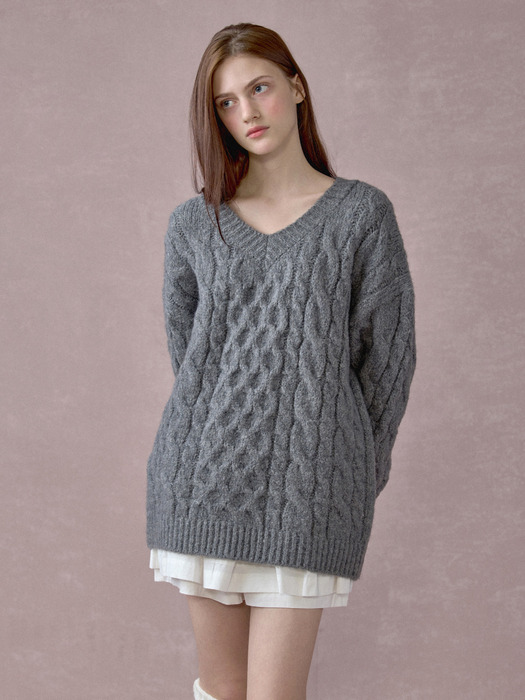 Alpaca Vintage Cable V-neck Knit_3 Colors