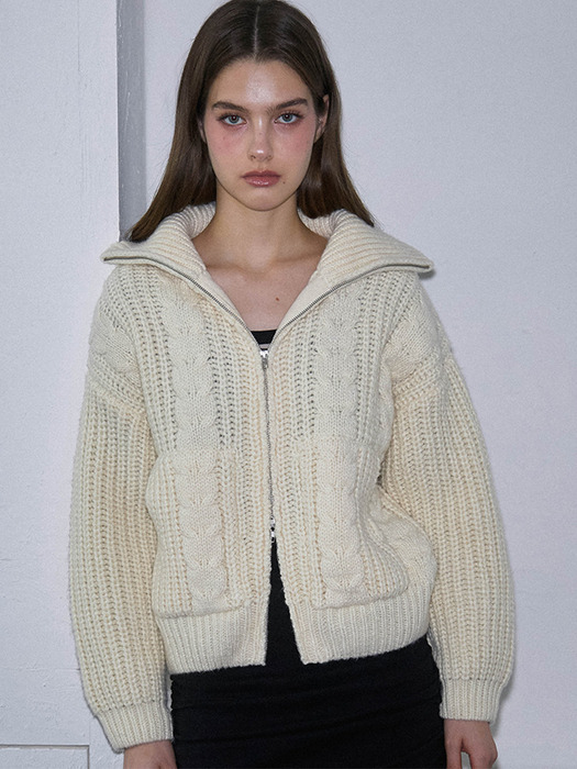 Two-way Twist Knit Zip-up [Ivory]