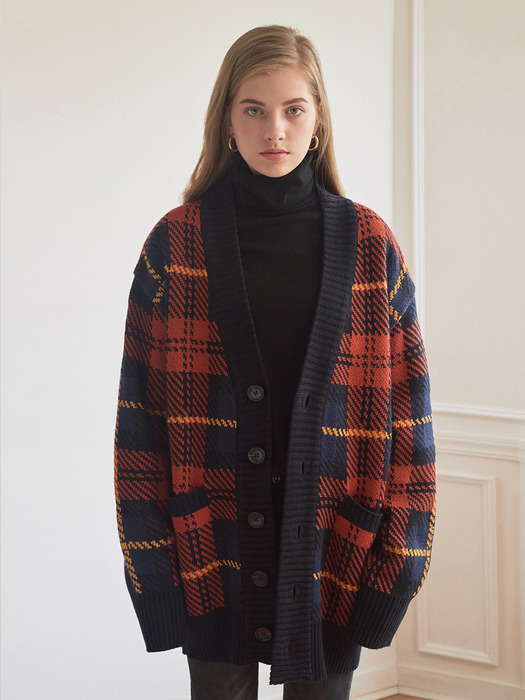 OVERSIZE CHECK CARDIGAN (RED-NAVY)
