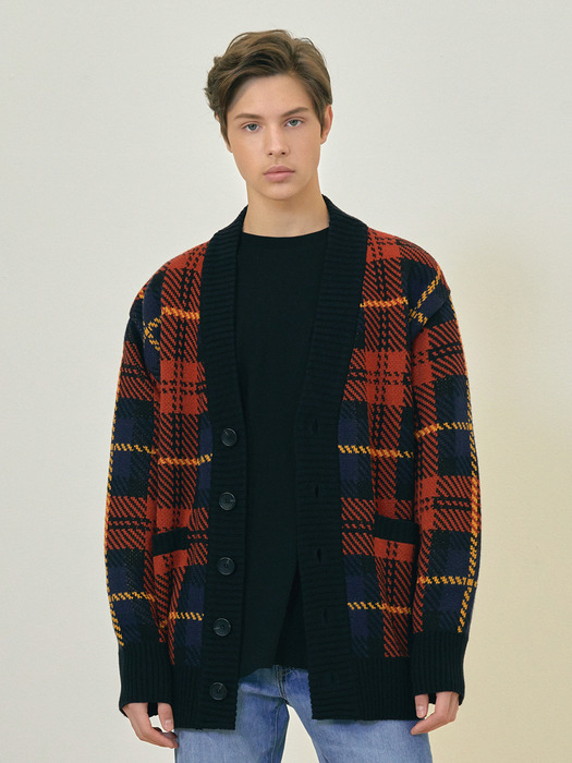OVERSIZE CHECK CARDIGAN (RED-NAVY)