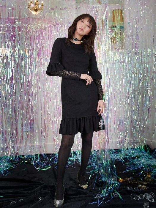 Lace Shrring Wool Dress_Black