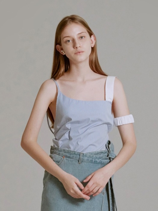 SLEEVELESS RUCHED STRAP TOP (SKY BLUE STRIPE)