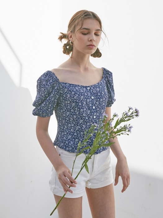 FLORAL PUFF SLEEVES BLOUSE_NAVY