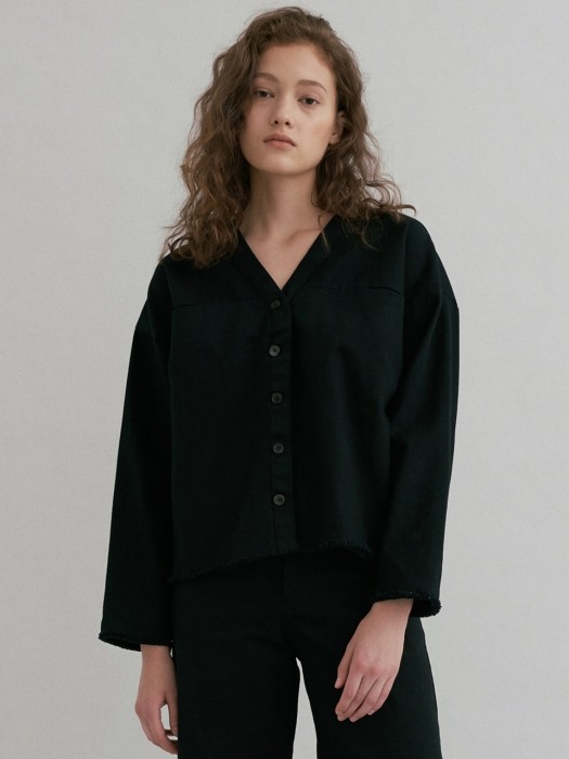 V-neck Cotton Shirt [Black]