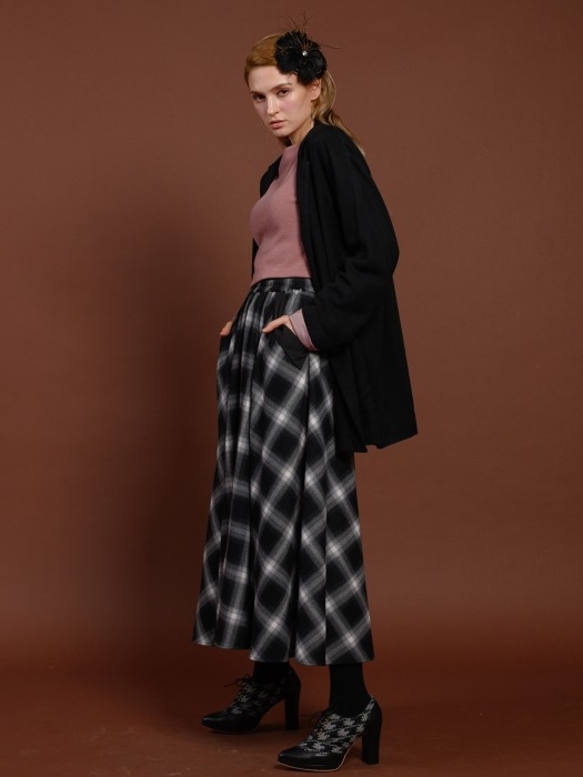 pink katiacho CHECK WIDE FULL SKIRT BLACK CHECK