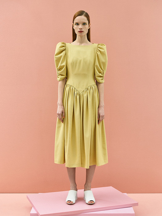 Ann Shirring Check Dress in Yellow