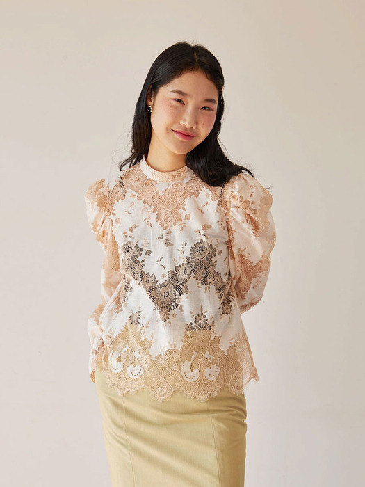 puff sleeve lace blouse (peach)