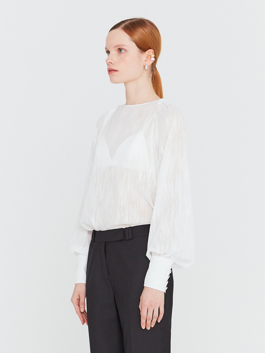  20SS SHEER BASIC BLOUSE WITH SEMI-BALLOON SLEEVES - WHITE