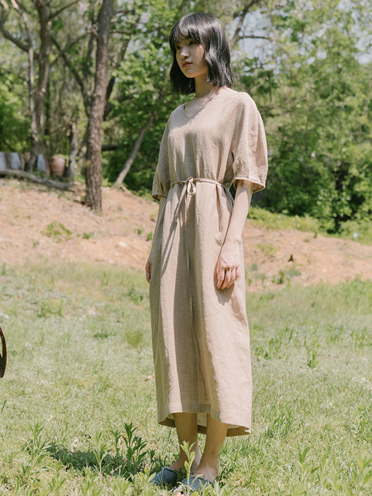 BEIGE LINEN A LINE DRESS