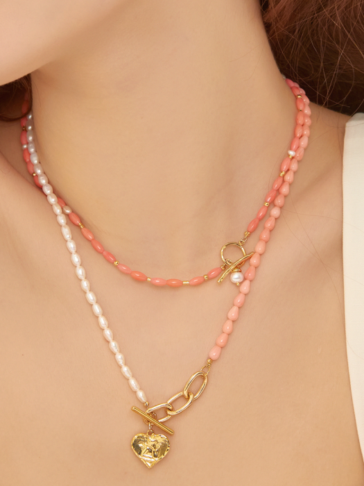 PINK HEART PEARL COIN TOGGLEBAR NECKLACE_NZ1009