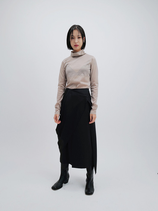 WOOL BLEND PANEL WRAP SKIRT (BLACK)