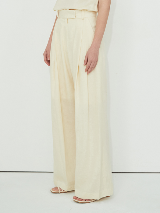 PLEATS PALAZZO LINEN PANTS_CREAM