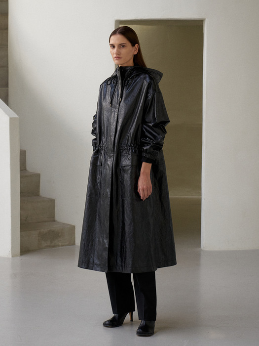 Eco leather hood coat  에코 레더 후드 코트 black