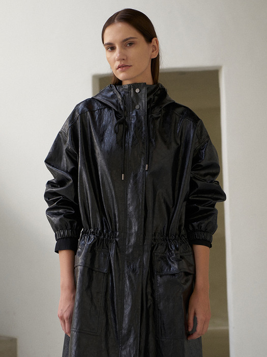 Eco leather hood coat  에코 레더 후드 코트 black