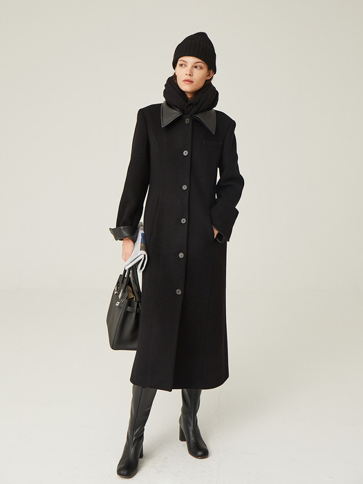 [N]VIBORG Cashmere blended  leather collar single long coat (Black)