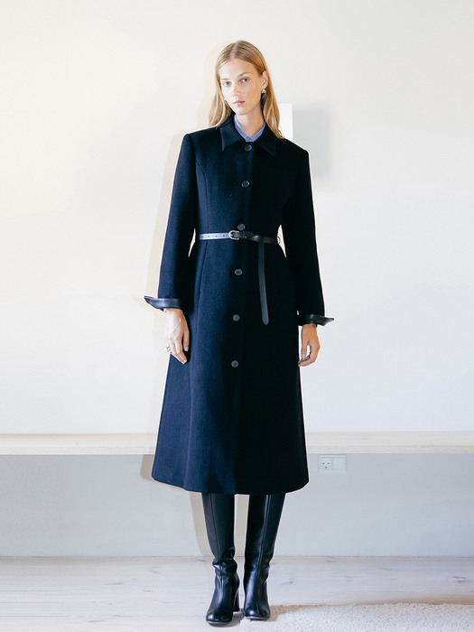 [N]VIBORG Cashmere blended  leather collar single long coat (Black)