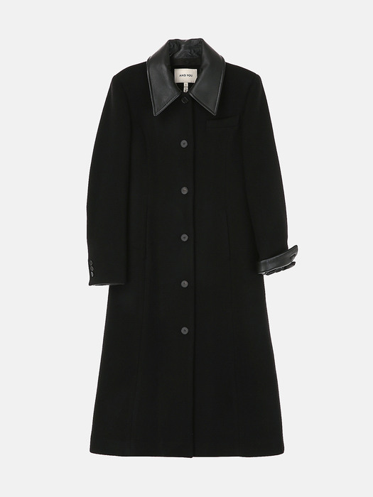 [N]VIBORG Cashmere blended  leather collar single long coat (Black)