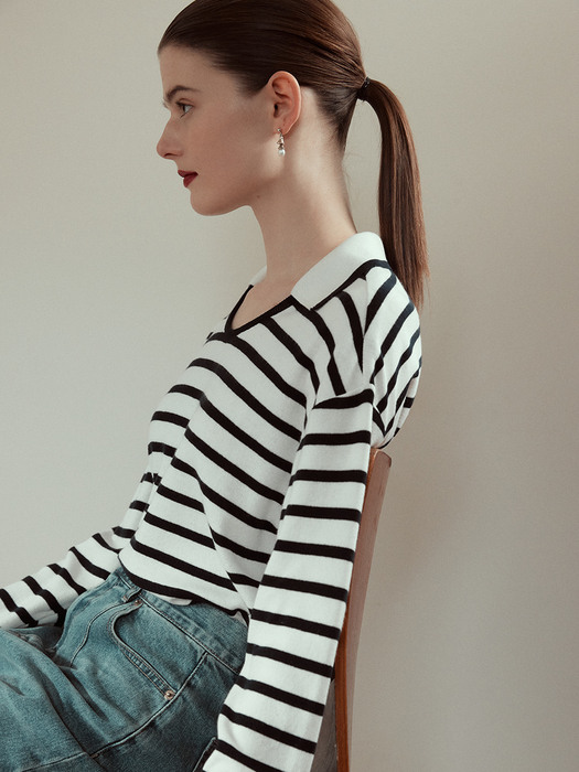 Open Collar Stripe Knit Top