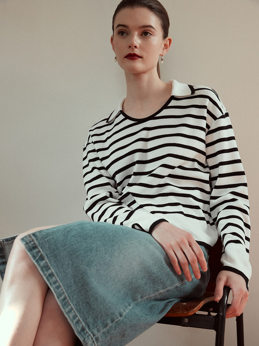 Open Collar Stripe Knit Top