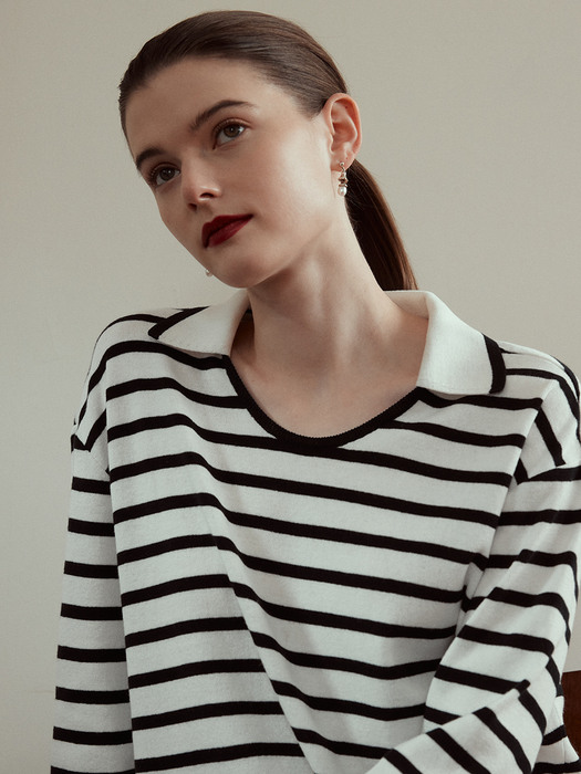 Open Collar Stripe Knit Top