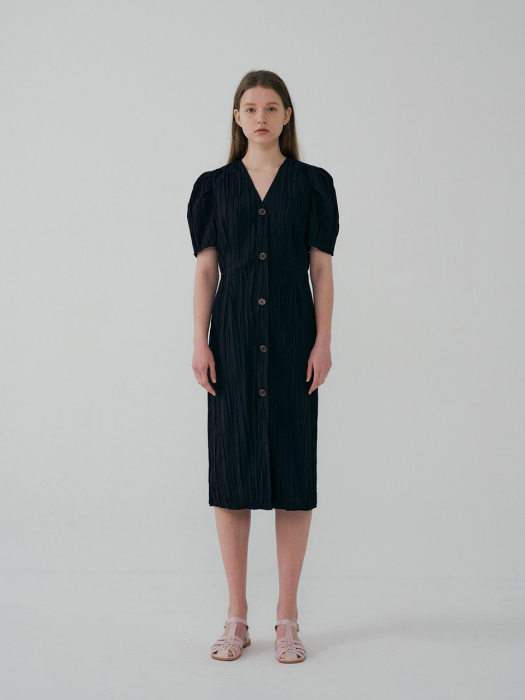 Wrinkle Pleats Button Dress Black (JWDR2E921BK)