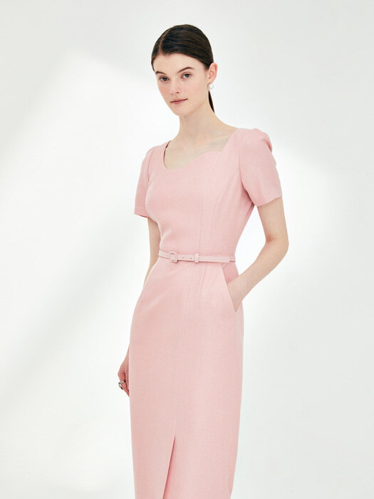 ROWAN Curved neck H-line dress (Salmon pink)