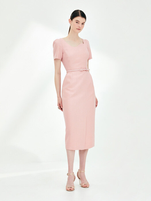 ROWAN Curved neck H-line dress (Salmon pink)