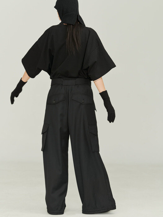 AINSLEY BLACK WOVEN WIDE-LEG CARGO PANTS