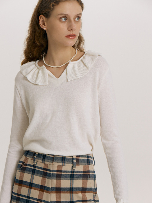 LEWISHAM Ruffle detail Wool knit top (Cream)