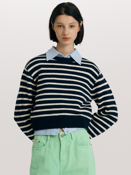 LIBERTY Stripe crop wool knit (Ivory/Navy)