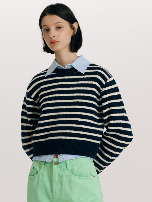 LIBERTY Stripe crop wool knit (Ivory/Navy)