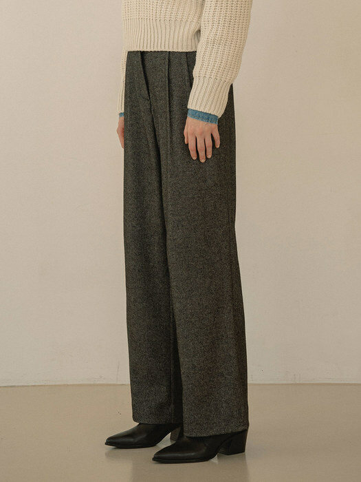 SIPT7061 wool two tuck wide slacks_Melange charcoal