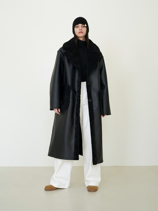 Reather Shearling Oversized Coat Black