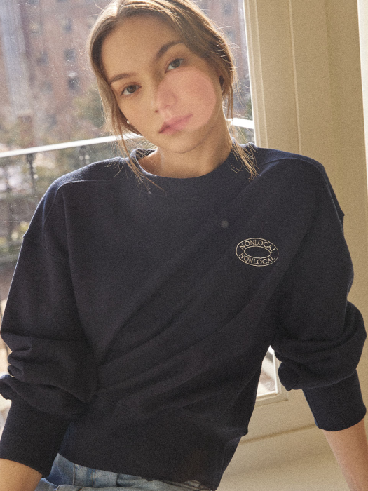 Logo Embroidery Crop Sweatshirt - Navy