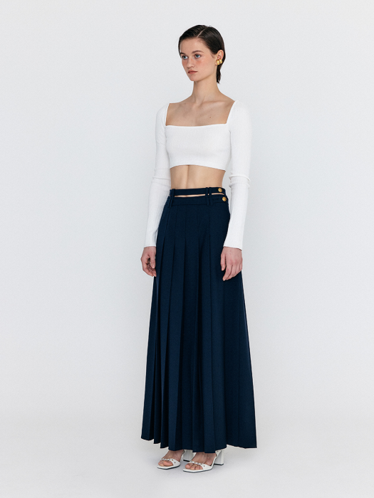WOVEL Double-Belted Pleated Maxi Skirt - Navy