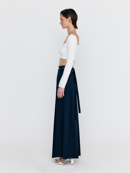 WOVEL Double-Belted Pleated Maxi Skirt - Navy