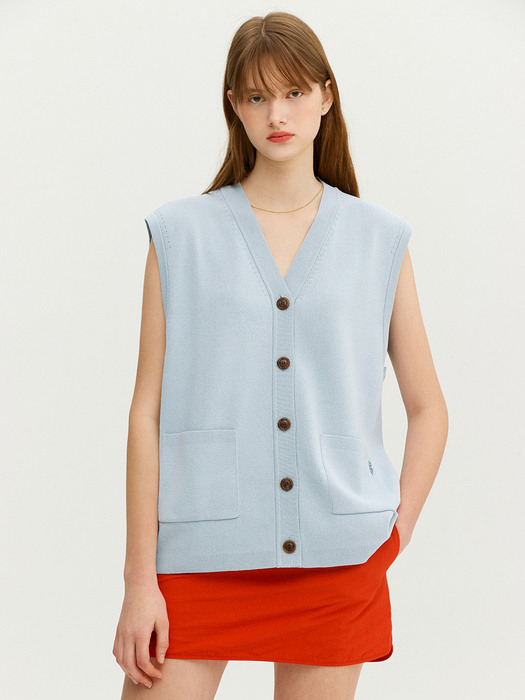 RAVELLO V-neck open knit vest (Light blue)