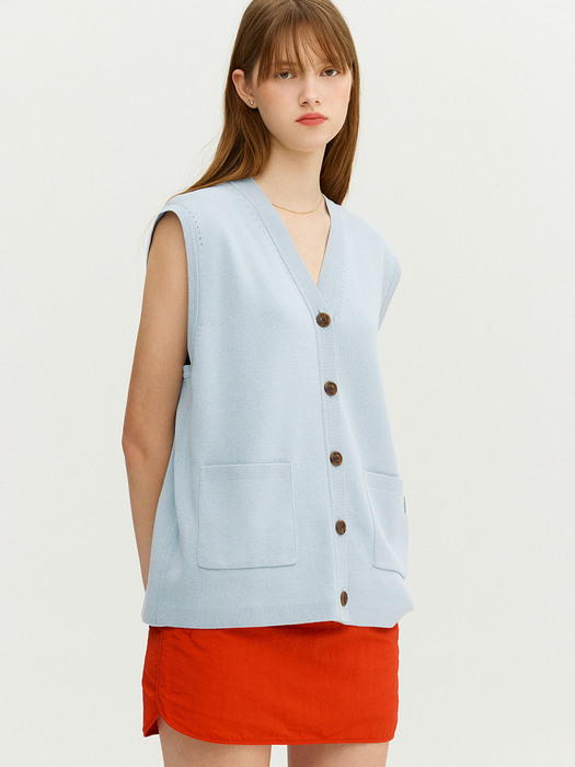 RAVELLO V-neck open knit vest (Light blue)