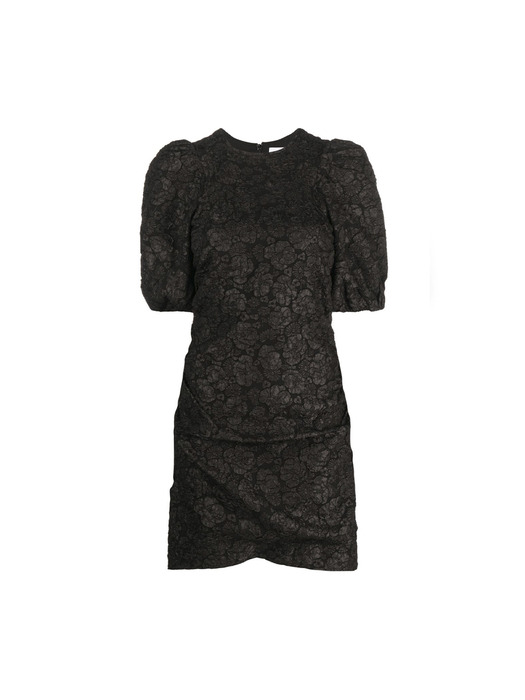 STRETCH JACQUARD PUFF SLEEVES MINI DRESS F8025 BLACK