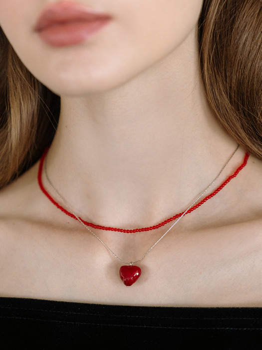 [선물패키지][2 set] HW006 Heart & red bead layered necklace