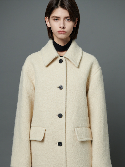 Boucle wool single collar coat - Cream