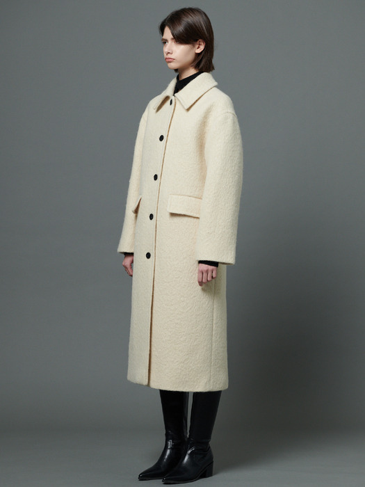 Boucle wool single collar coat - Cream